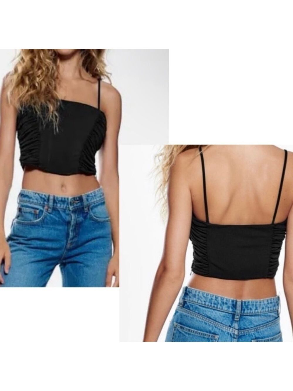Zara black ruched corset bustier crop top spaghetti straps Sz S - Picture 1 of 13